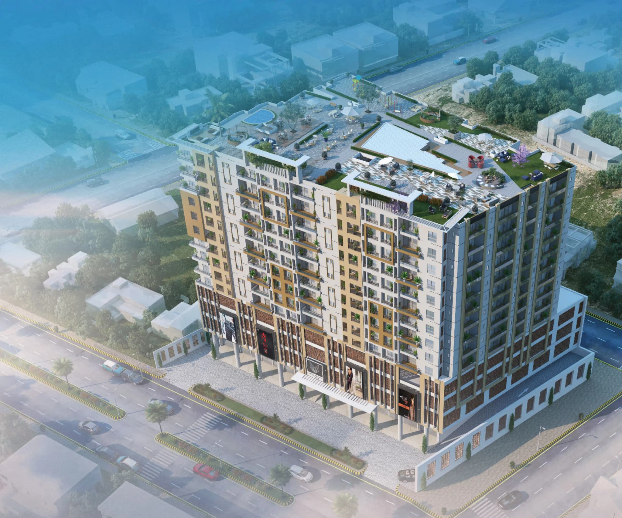 Cherrywood Tower exterior rendering at dusk
